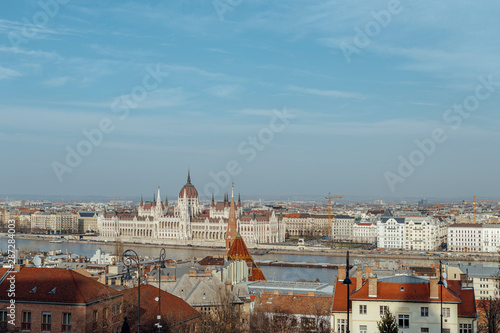 Panoramic view of Budapest and the Parlamient over de Danube river, one of the most beautiful cities in Europe.  Budapest, Hungary. photo