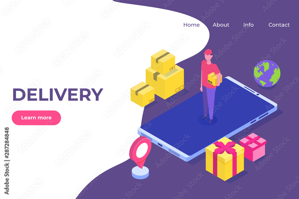 Fast delivery flat isometric concept. The Courier stays with parcel. Vector illustration. Fast delivery flat isometric concept. The Courier stays with parcel. Vector illustration.