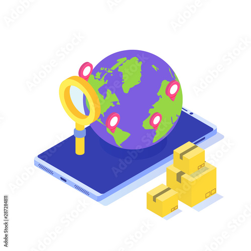 World Wide International Delivery isometric concept. Worldwide freight shipping, global logistic. Vector illustration.