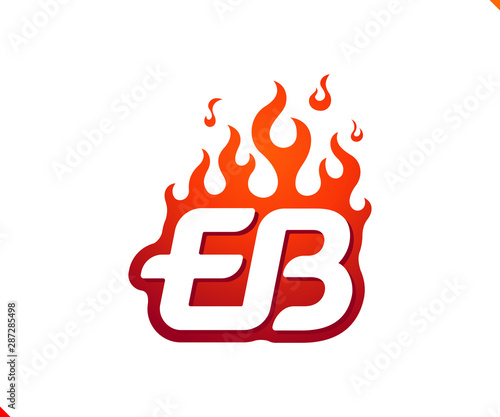 Uppercase initial logo letter EB with blazing flame silhouette,  simple and retro style logotype for adventure and sport activity.