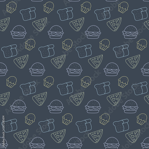 Food Pattern Seamless Background, Bakery, Pizza, Bread, Muffin And Hamburger