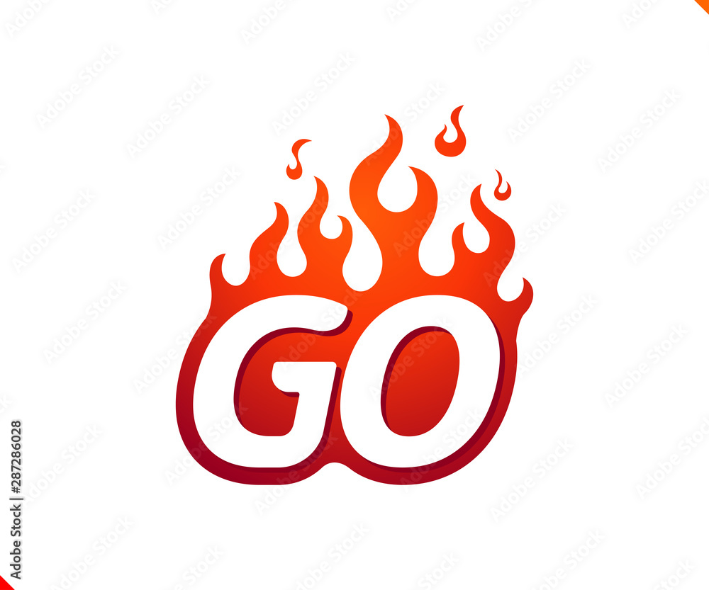 Uppercase initial logo letter GO with blazing flame silhouette, simple and retro style logotype for adventure and sport activity. Uppercase initial logo letter GO with blazing flame silhouette, simple and retro style logotype for adventure and sport activity.