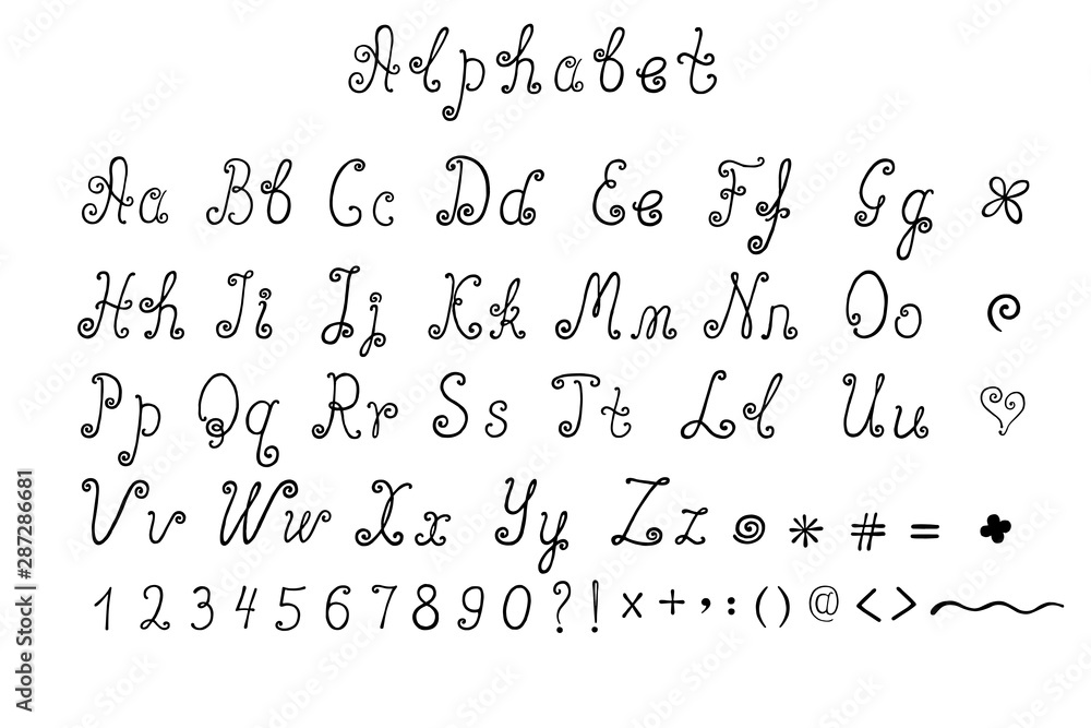 English alphabet with handwritten letters, numbers and symbols. Manual illustration for design