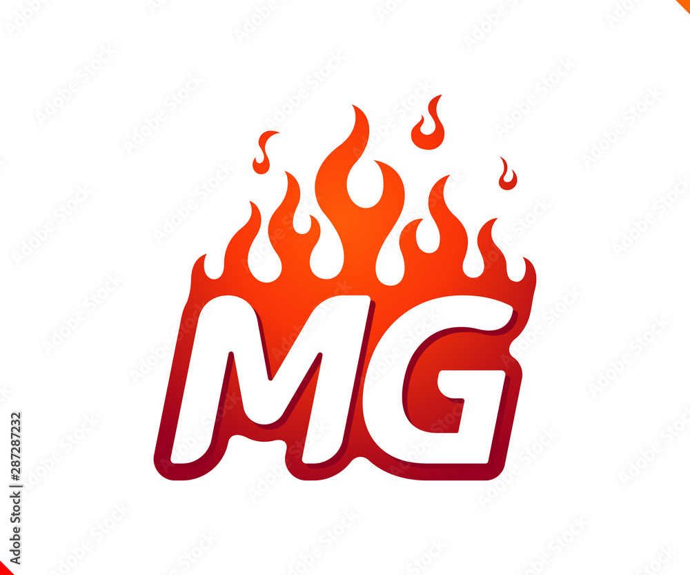 Uppercase initial logo letter MG with blazing flame silhouette, simple and retro style logotype for adventure and sport activity. Uppercase initial logo letter MG with blazing flame silhouette, simple and retro style logotype for adventure and sport activity.