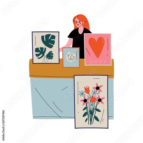 Young Woman Selling Framed Pictures at Marketplace or Flea Market Vector Illustration