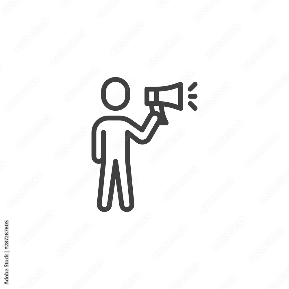 Man with megaphone line icon. Human speaking linear style sign for mobile concept and web design. Megaphone, announcement, speaker outline vector icon. Symbol, logo illustration. Vector graphics Man with megaphone line icon. Human speaking linear style sign for mobile concept and web design. Megaphone, announcement, speaker outline vector icon. Symbol, logo illustration. Vector graphics