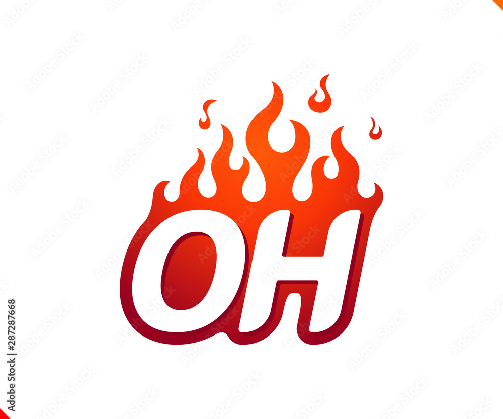 Uppercase initial logo letter OH with blazing flame silhouette, simple and retro style logotype for adventure and sport activity. Uppercase initial logo letter OH with blazing flame silhouette, simple and retro style logotype for adventure and sport activity.