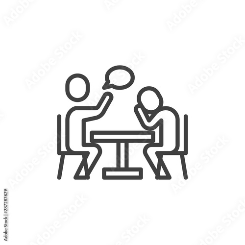 People sitting at the table talking line icon. linear style sign for mobile concept and web design. Partners at meeting table and speech bubble outline vector icon. Symbol, logo illustration.