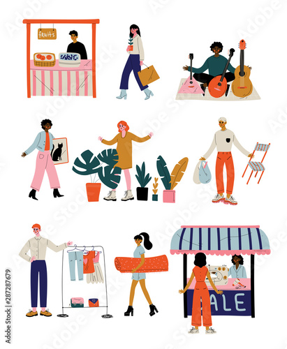 People Selling and Shopping at Marketplace or Flea Market Set Vector Illustration