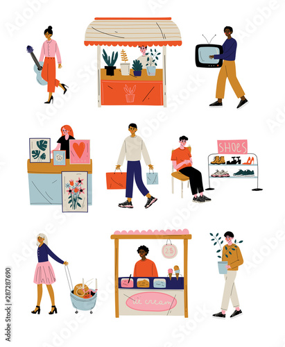 People Selling and Shopping at Marketplace or Flea Market Set, Second Hand Stuffs Vector Illustration