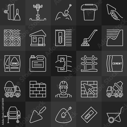 Set of concrete and cement concept outline icons on dark background