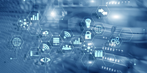 Digital concept internet of things information and telecommunication technology. Double exposure icons and server room background