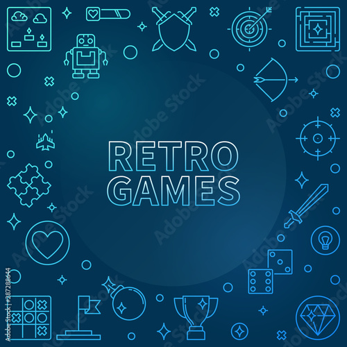 Retro Games concept blue outline frame - vector modern illustration on dark background