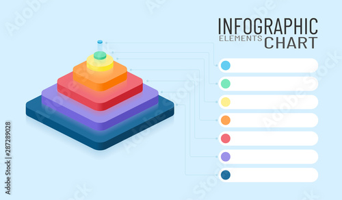 Infographic chart elements. Isometric business 3d colored pyramid with place for decryption. Vector company graphic illustration. Marketing 7 levels diagram flowchart. Web site background.