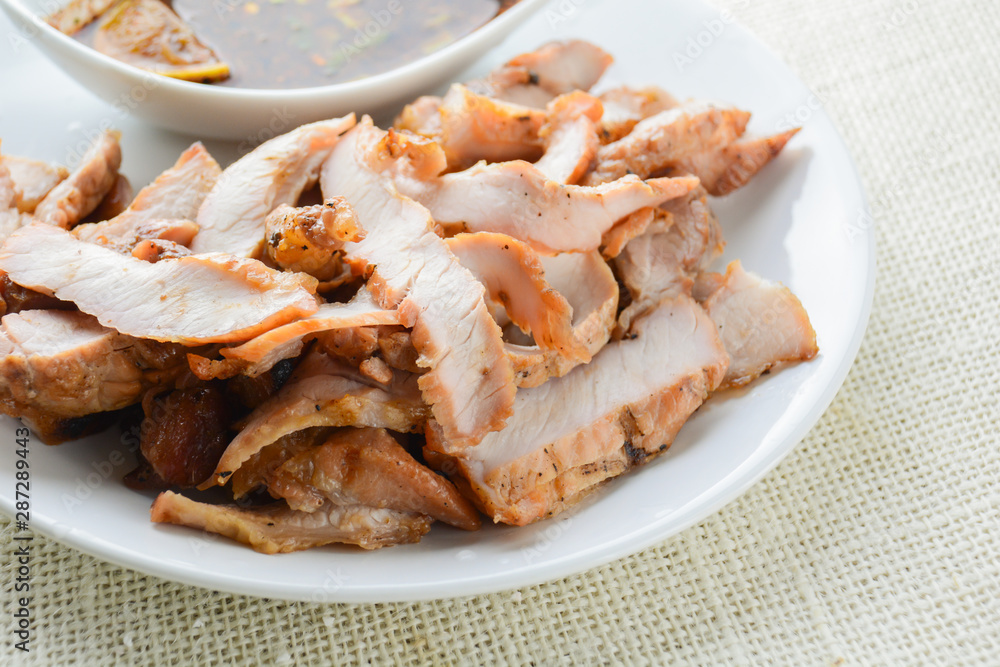 Grilled Pork with Thai Spicy Sauce, it can be served as an appetizer; it can also be served as an entrée with hot-off-the-splatter-guard sticky rice or plain steamed jasmine rice. Grilled Pork with Thai Spicy Sauce, it can be served as an appetizer; it can also be served as an entrée with hot-off-the-splatter-guard sticky rice or plain steamed jasmine rice.