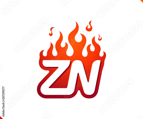 Uppercase initial logo letter ZN with blazing flame silhouette   simple and retro style logotype for adventure and sport activity.