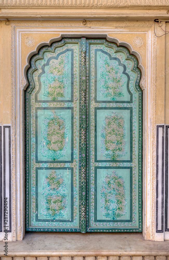Close up of ornate architecture on door at Hawa Mahal (