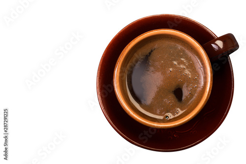 Fragrant, fresh, black, coffee in a cup. Isolated white background