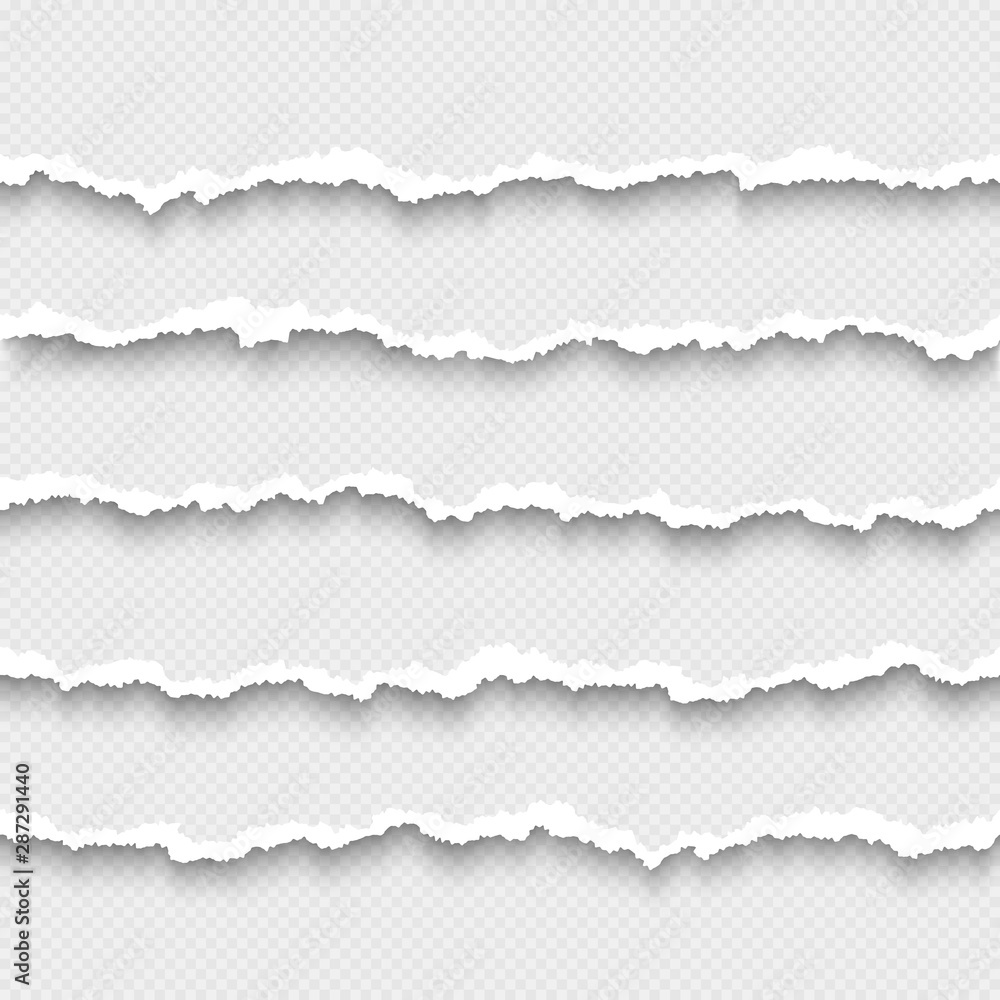Set of horizontal seamless torn white paper with shadow. Damaged cardboard borders. Ripped stripes of paper. Vector illustration isolated on transparent background Set of horizontal seamless torn white paper with shadow. Damaged cardboard borders. Ripped stripes of paper. Vector illustration isolated on transparent background