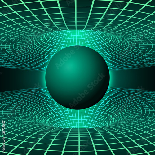 Black hole. Illustration of deformation time and space in green colors. Destruction of matter by black hole. Vector illustration