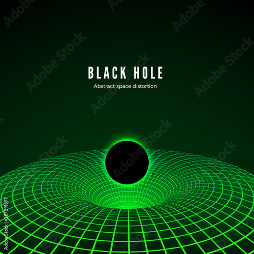 Black Hole visualisation. Illustration of deformation time and space in green colors. Destruction of matter by black hole. Vector illustration