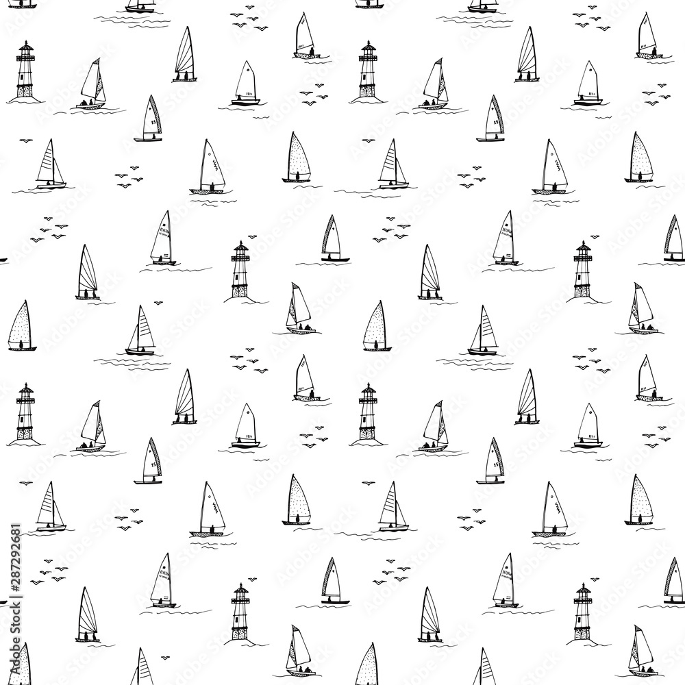 Fototapeta premium Sailboats. Seamless pattern for printing on fabric, knitwear, wrapping paper. Black picture on a white background
