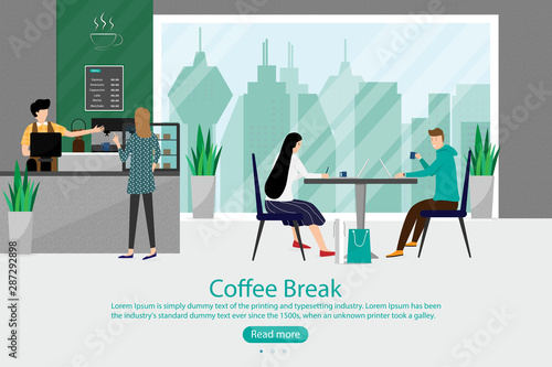 Coffee break vacation time. Male and female sitting at table are talking together about daily activity and work. Interior of cafe shop with cashier counter and view cityscape on glass window.