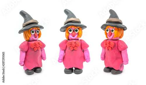 Play dough Witch on white background. Handmade clay plasticine