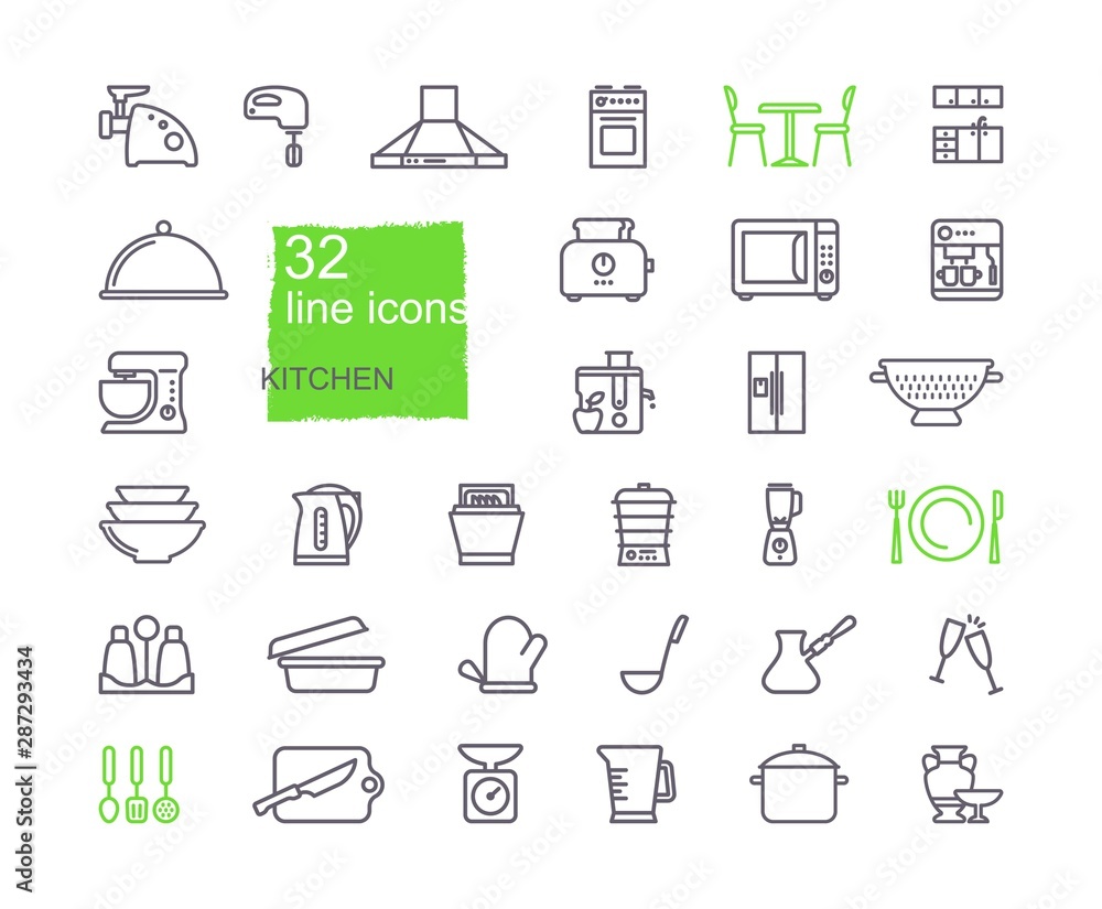 Kitchen Icon set, flat design, thin line style Kitchen Icon set, flat design, thin line style