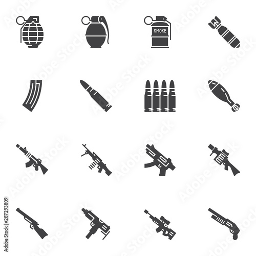 Gun weapon vector icons set, modern solid symbol collection filled style pictogram pack. Signs, logo illustration. Set includes icons as fragmentation grenade, bullets, bomb, machine gun, sniper rifle
