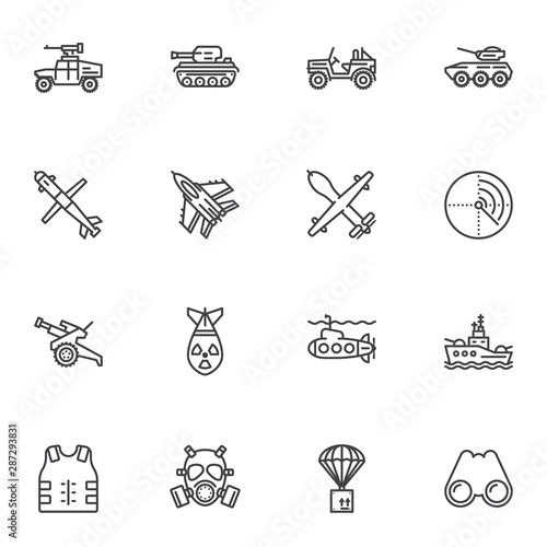 Military equipment line icons set. linear style symbols collection outline signs pack. vector graphics. Set includes icons as tank, fighter jet, bomber aircraft, ballistic missile, radar, nuclear bomb
