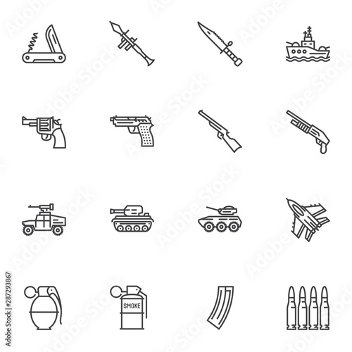 Weapons and ammunition line icons set. linear style symbols collection outline signs pack. vector graphics. Set includes icons as grenade gun, pistol, smoke grenade, fighter jet, handgun, knife, rifle