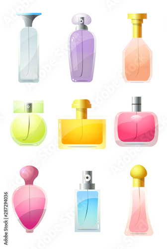 Colorful set of perfumed bottles. Raster illustration in flat cartoon style