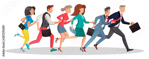 Men and women running in the same direction to work, meeting in morning. Business people are late and hurry up. Motivation, competition, deadline, sale concept. Vector cartoon isolated on white.