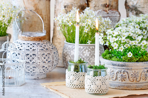 Photography Simple glass jar transformed into a beautiful candle holder decorated with lace and moss