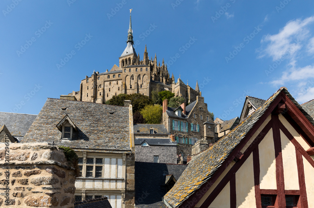 Ancient buildings of the old town on the famous Mont Saint Michel island in France