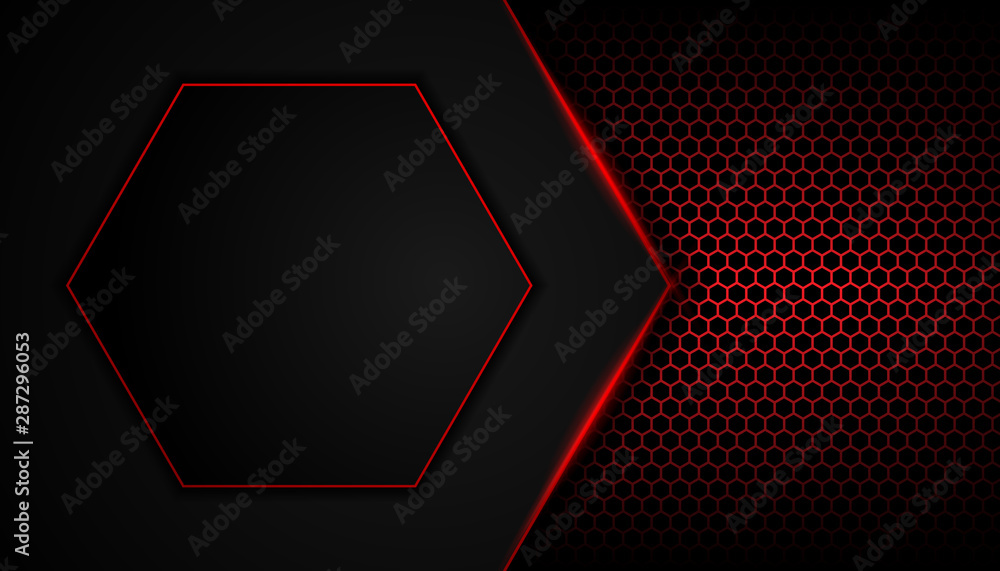 Abstract red light on hexagon dark background. Metallic texture layout frame technology innovation concept for use cover, banner, advertising, corporate Abstract red light on hexagon dark background. Metallic texture layout frame technology innovation concept for use cover, banner, advertising, corporate