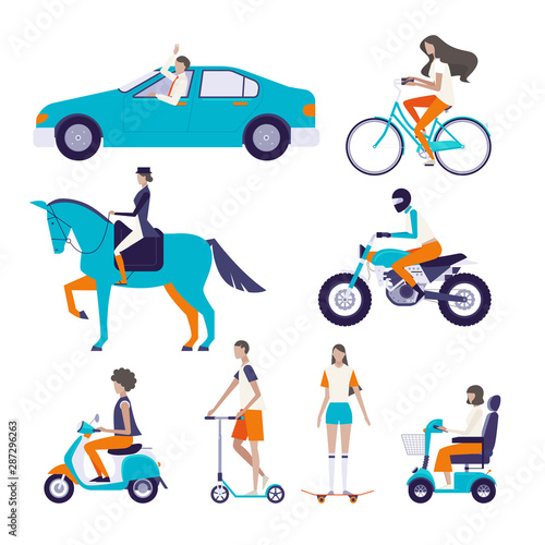 Various vehicles and people set. flat design style minimal vector illustration.