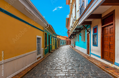 Cityscape in a colorful street of Guayaquil city  famous of its cobblestones and wooden colonial architecture  Las Penas district on Santa Ana Hill  Ecuador.