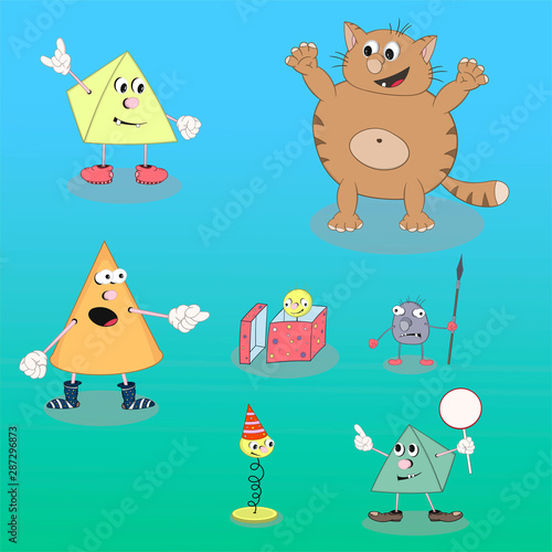 Set of vector cartoon characters cone, pyramid, cat and spring on a colored background for the design of cards, calendars, posters.