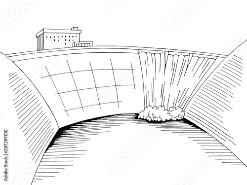 Dam hydropower river graphic black white landscape sketch illustration vector