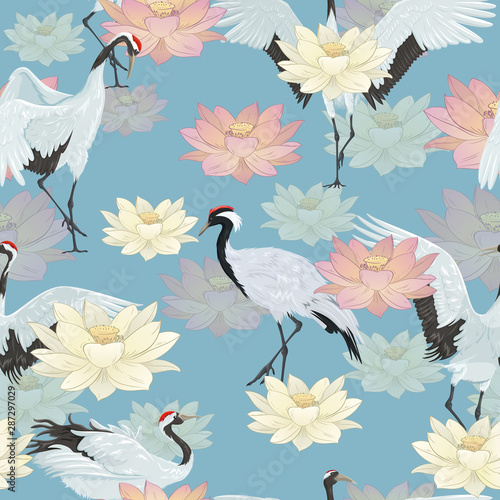 Seamless pattern with cranes and lotuses