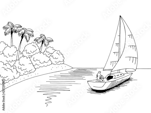 Yacht travel graphic black white sea landscape sketch illustration vector