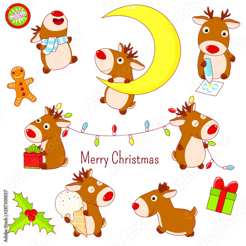Set of cute Christmas deers in kawaii style