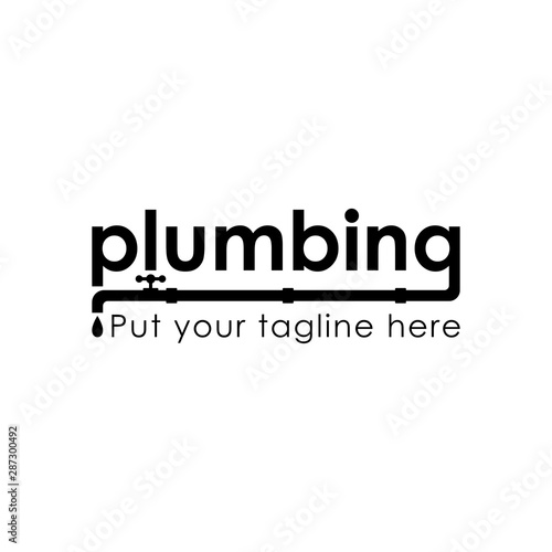 plumbing smart text logo using stylized Century Gothic font. pipe and water tap shape. business symbol design. vector template. plumb brand identity concept. black and white illustration