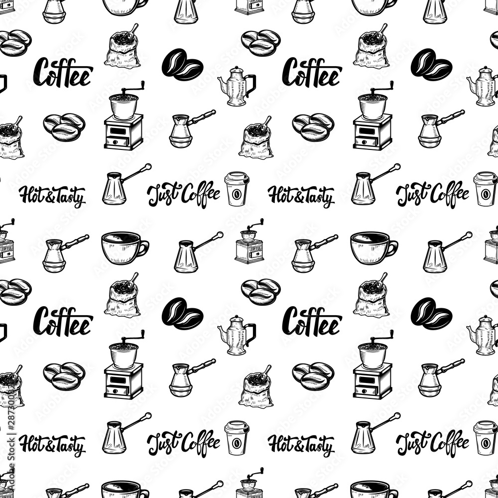 Seamless pattern with coffee design elements. For poster, flyer, card, banner. Vector illustration Seamless pattern with coffee design elements. For poster, flyer, card, banner. Vector illustration
