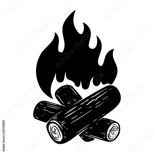 Illustration of camp fire on white background. Design element for menu, poster, emblem, sign, banner, flyer. Vector illustration