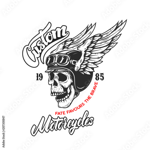 Custom motorcycles .Poster template with winged skull. Design element for poster, flyer, card, banner. Vector illustration