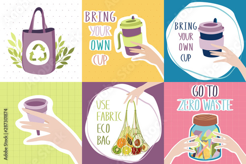 Eco-friendly banners with zero waste lifestyle tips. Textile bag instead of plastic one. Metal or glass cup instead of disposable one. Menstrual cup instead of pads or tampons. Jar of garbage a year. 