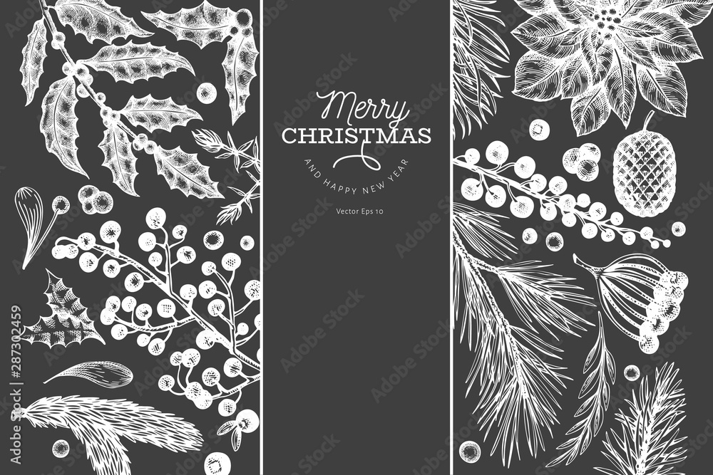 Fototapeta premium Christmas banner template. Vector hand drawn illustrations on chalk board. Greeting card design in retro style. Winter background